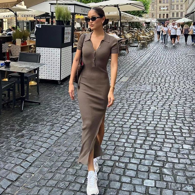 Women's collar short sleeved slit dress