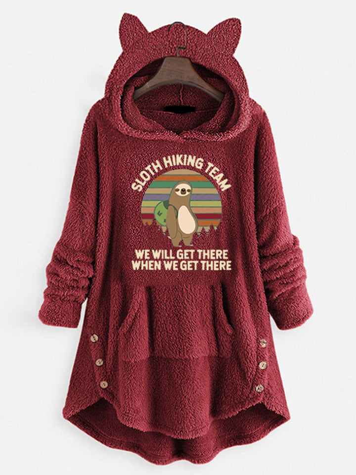 Fleece Hooded Long Sleeve Sweatshirt with Cat Ears and Print Pattern