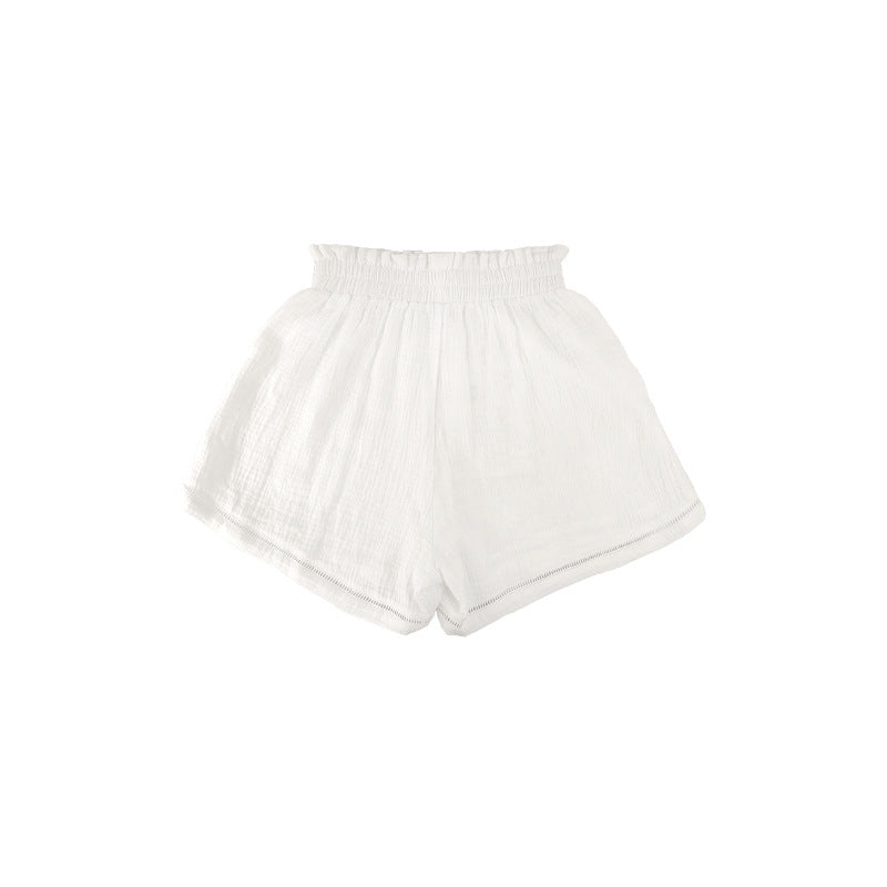 Summer Beach Vacation Girls' Bubble Skirt White Versatile Elastic Waist Three-Quarter Pants Loose Casual Pure Cotton Shorts