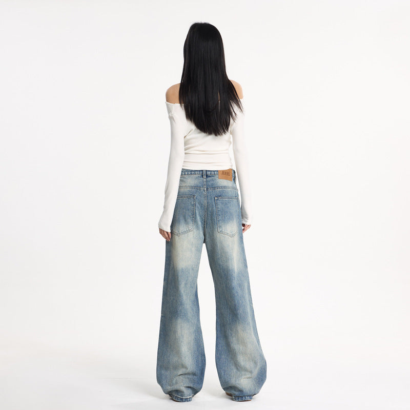 Washed Blue Bamboo Texture Flared Denim Pants Unisex Commuter Versatile Clean Fit Wide Leg Pants