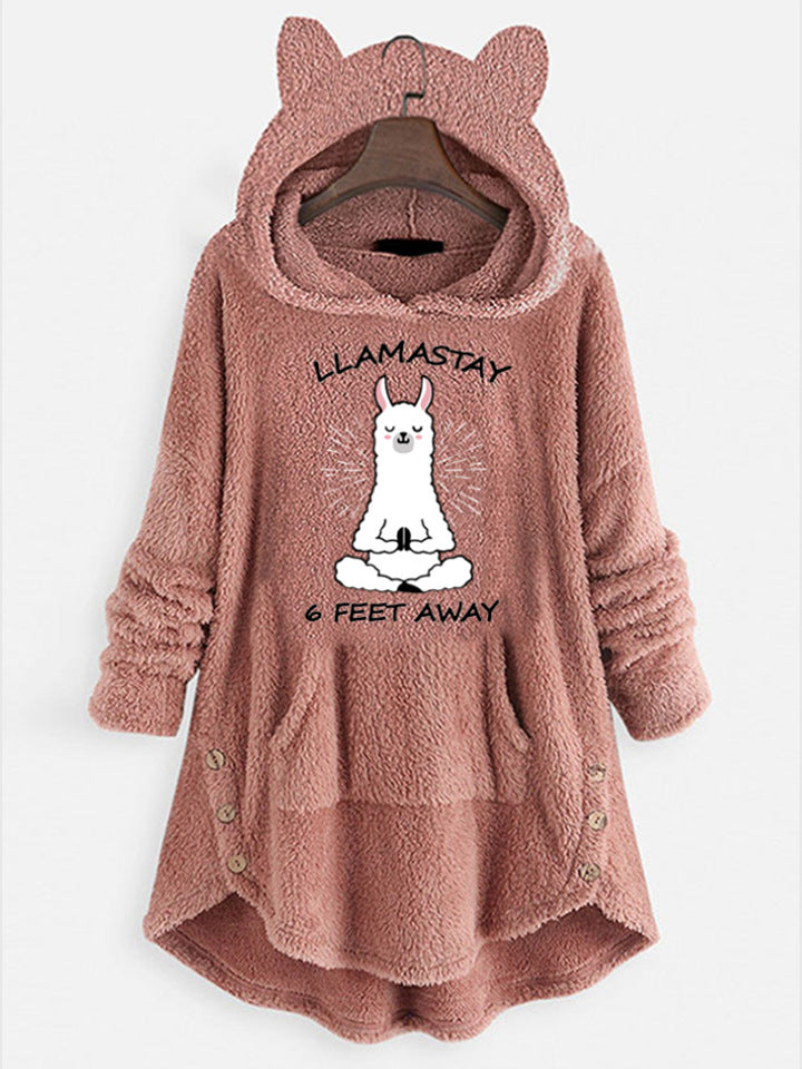 Fleece Hooded Long Sleeve Sweatshirt with Cat Ears and Print Pattern