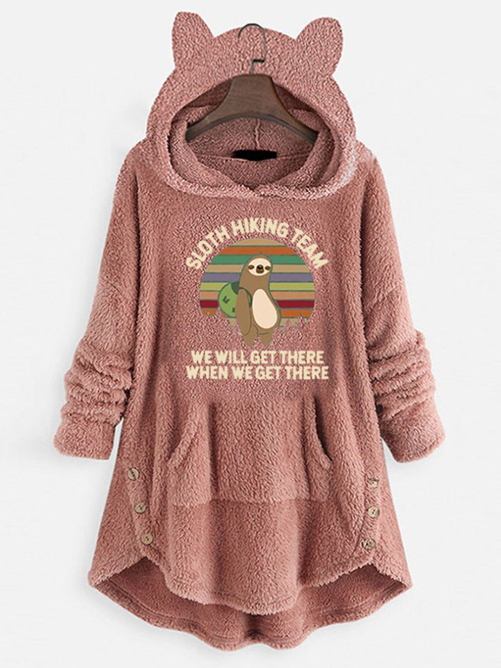 Fleece Hooded Long Sleeve Sweatshirt with Cat Ears and Print Pattern