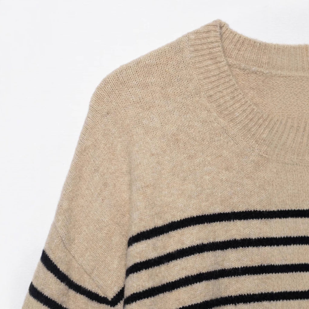 Versatile loose striped four button pullover knitted sweater for women