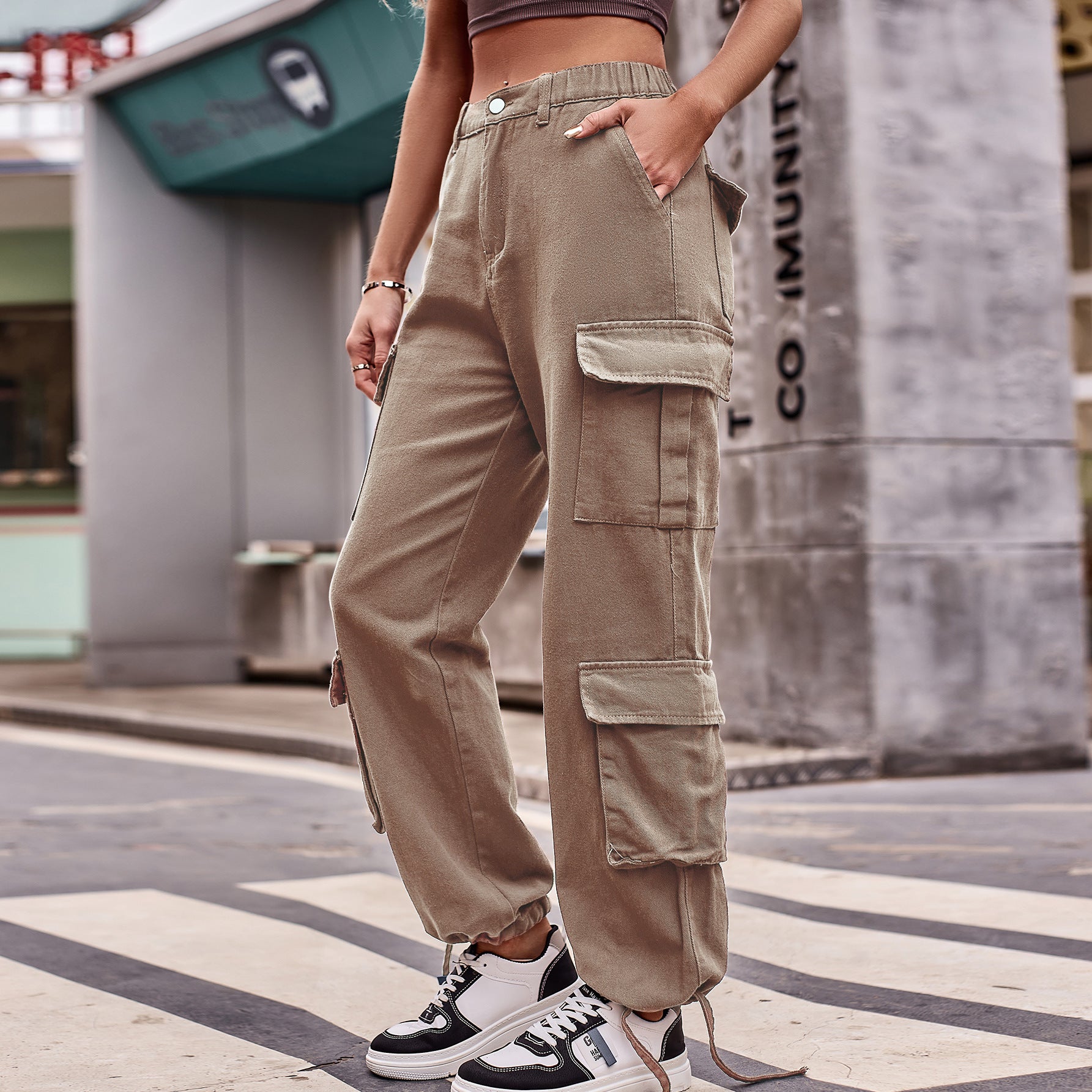 Women's Loose Drawstring Design Denim Work Pants Casual Sports