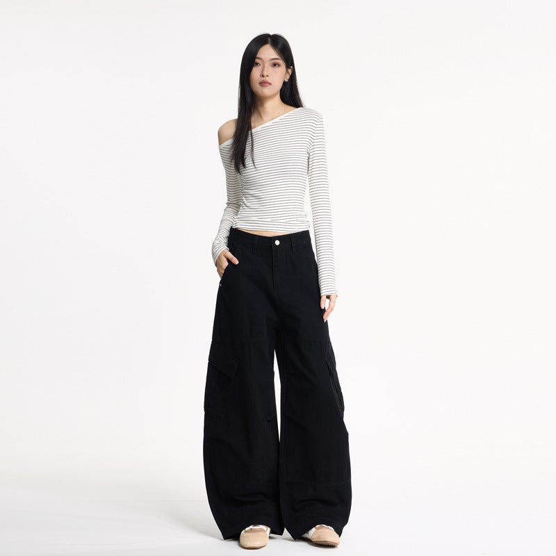 Streetwear Deconstructed Distressed Wide-Leg Cargo Pants for Women, Loose Floor-Length Casual Knife-Edge Trousers