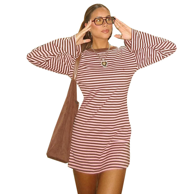 Women's Round Neck Striped Color-block Long Sleeve Loose Short A-line Dress