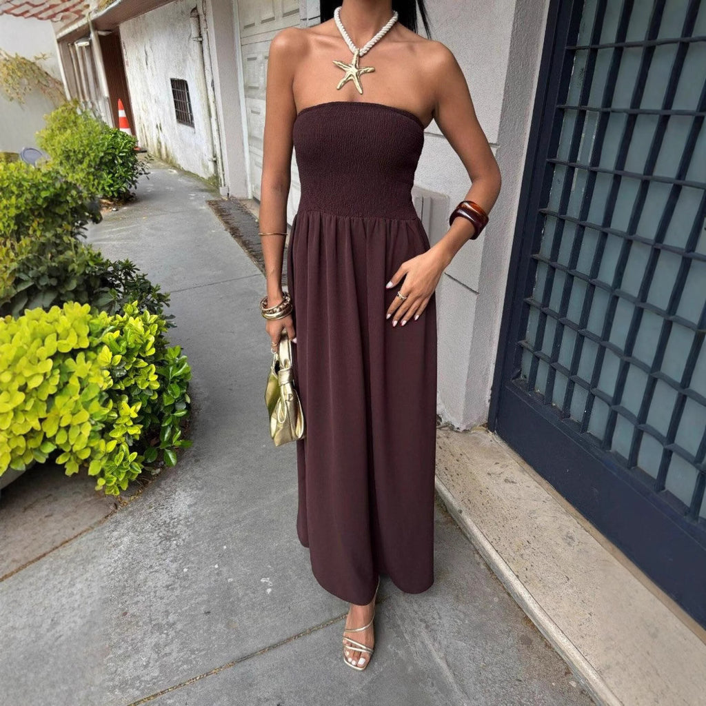 Elegant Strapless Waist-Cinched A-Line Long Dress with Backless Design for Women