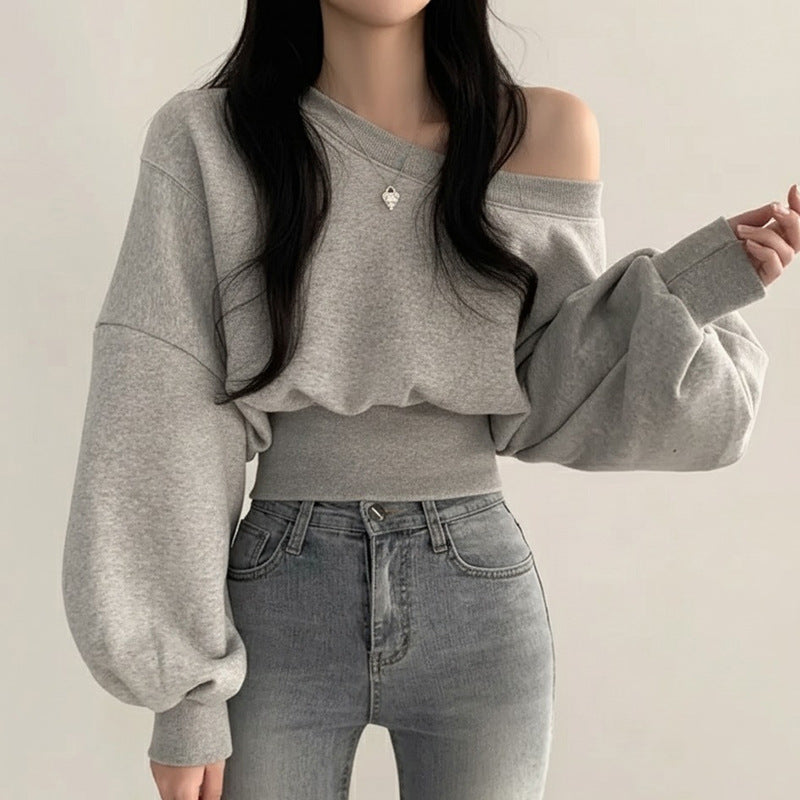 pure desire wind asymmetrical neckline off-shoulder fitted hoodie long sleeve casual top for women