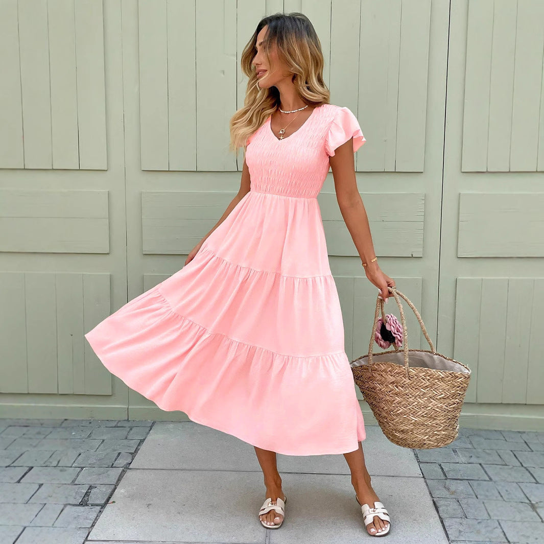 Style Flounce Layered Short Sleeve A-line Dress with Ruffle Sleeves