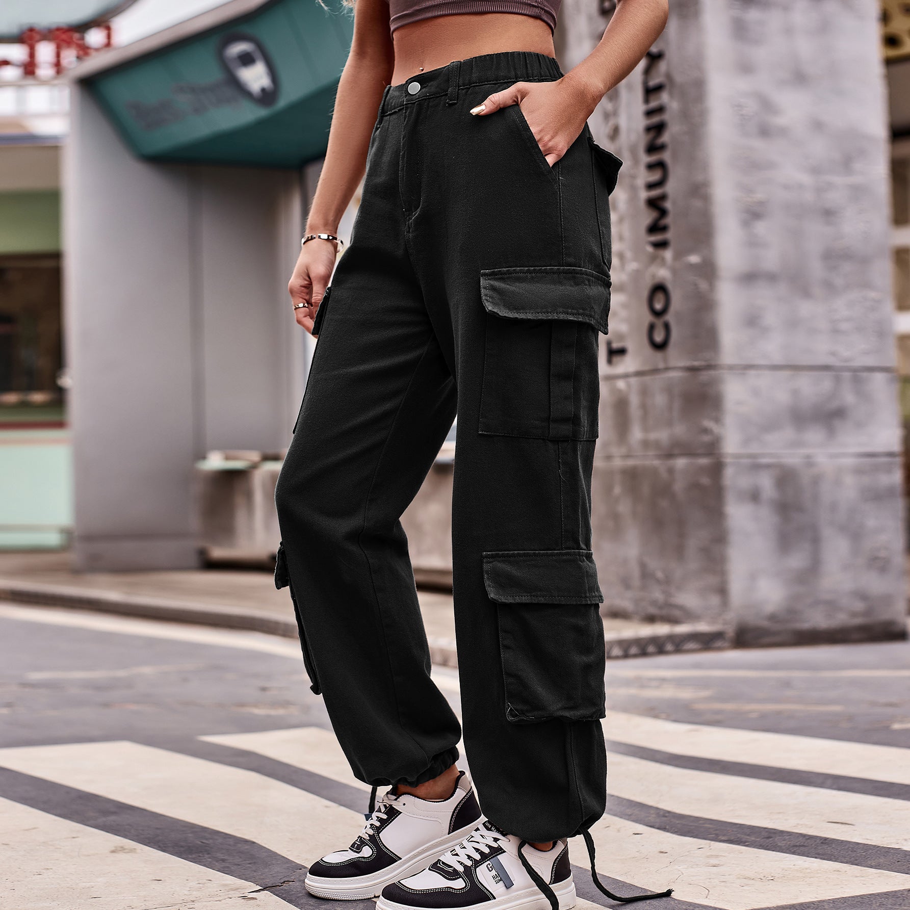 Women's Loose Drawstring Design Denim Work Pants Casual Sports