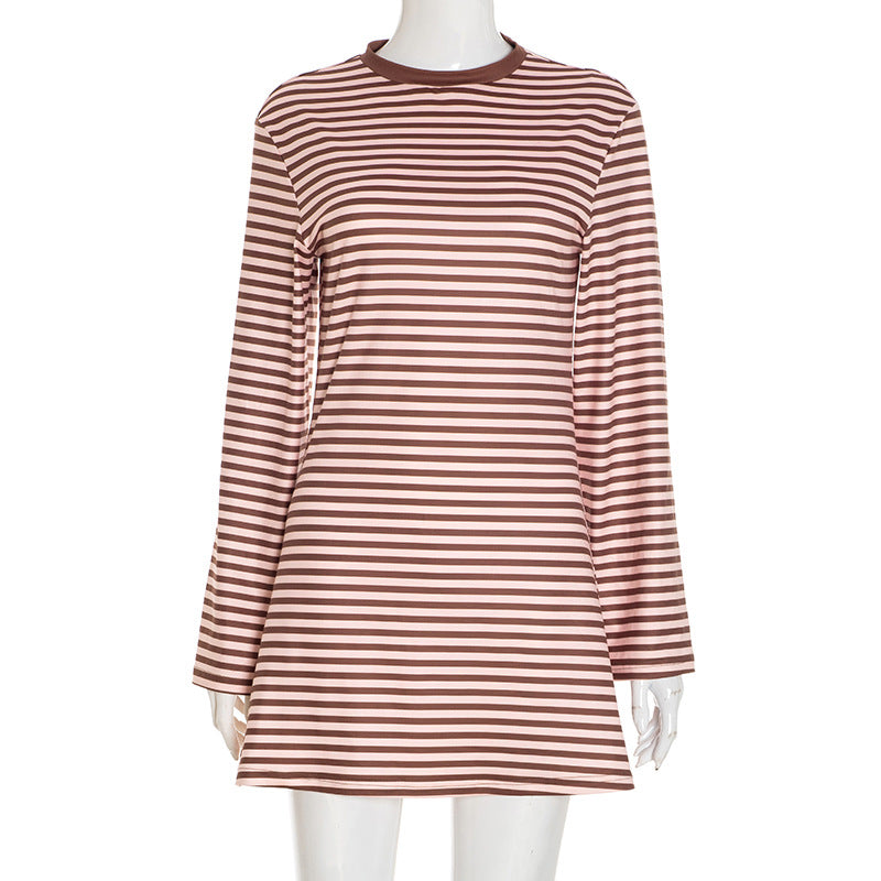 Women's Round Neck Striped Color-block Long Sleeve Loose Short A-line Dress