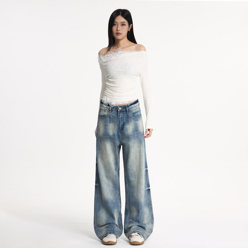 Washed Blue Bamboo Texture Flared Denim Pants Unisex Commuter Versatile Clean Fit Wide Leg Pants