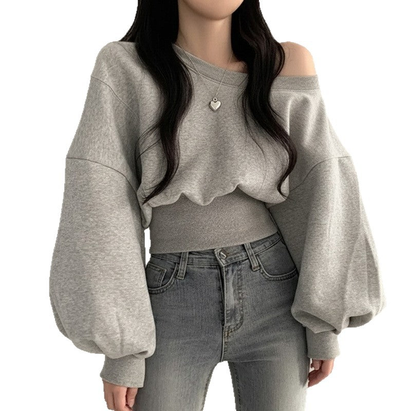 pure desire wind asymmetrical neckline off-shoulder fitted hoodie long sleeve casual top for women