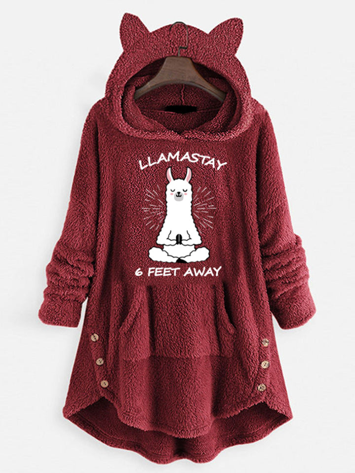 Fleece Hooded Long Sleeve Sweatshirt with Cat Ears and Print Pattern