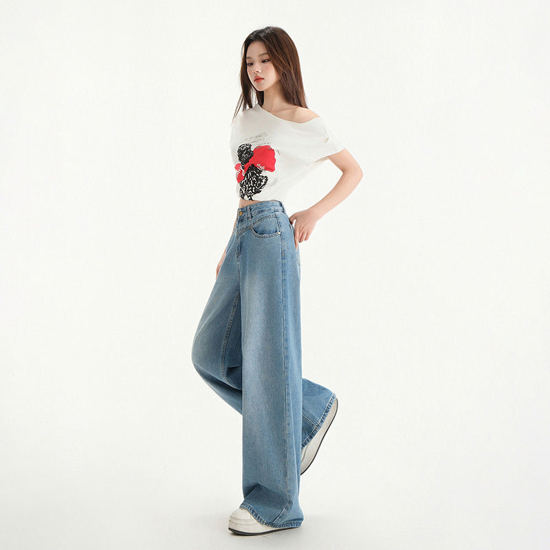 Wide Leg Jeans Women Spring New Retro High Waist Loose Straight Long Pants