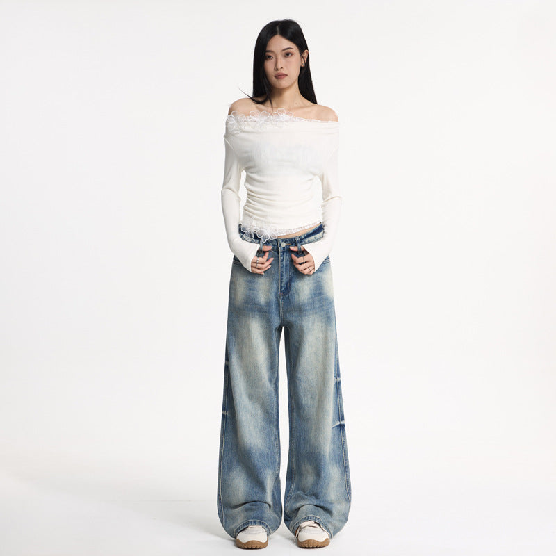 Washed Blue Bamboo Texture Flared Denim Pants Unisex Commuter Versatile Clean Fit Wide Leg Pants