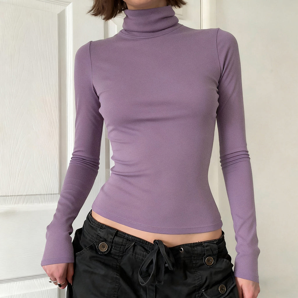 High Neck Slim Fit Knit Top Long Sleeve T-Shirt Women's Fashion Casual Wear