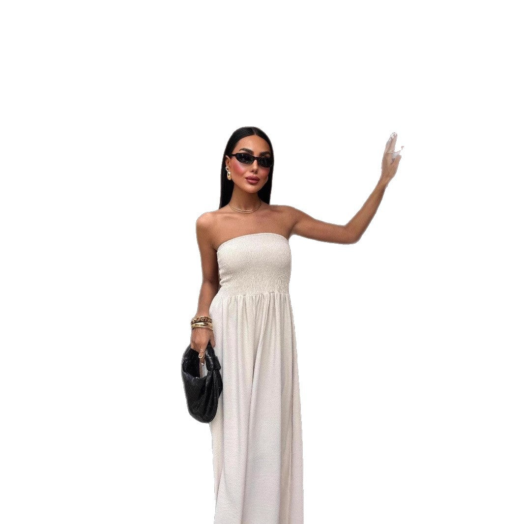 Elegant Strapless Waist-Cinched A-Line Long Dress with Backless Design for Women