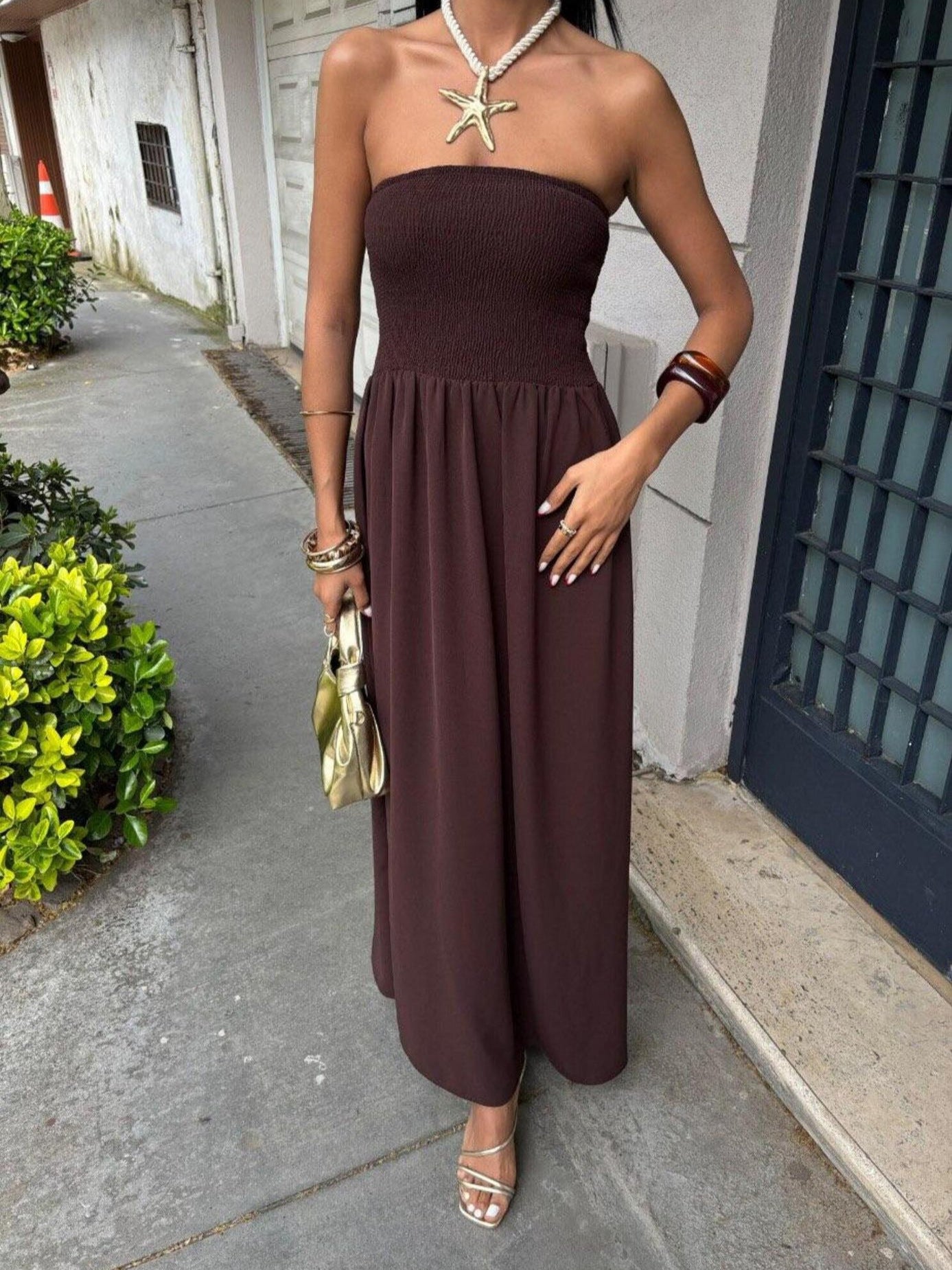 Elegant Strapless Waist-Cinched A-Line Long Dress with Backless Design for Women
