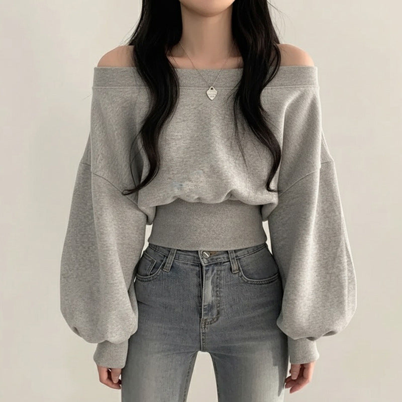 pure desire wind asymmetrical neckline off-shoulder fitted hoodie long sleeve casual top for women