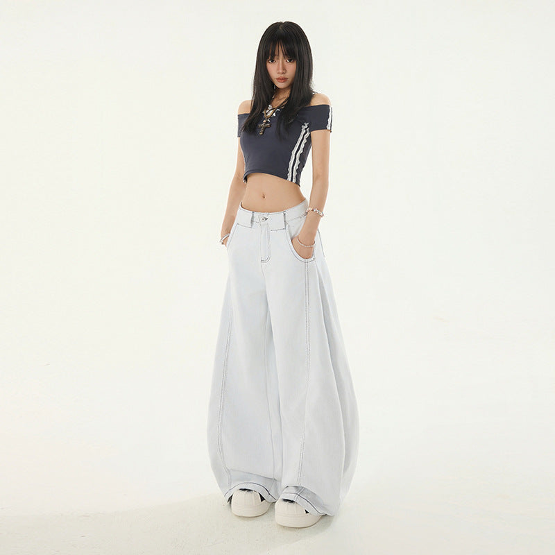 Low-Waist Knife-Edge White Jeans for Women Summer New Loose Straight High Street Wide Leg Pants