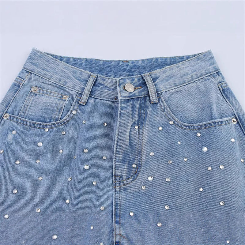 Elastic Waist Style Loose Vintage Commuting Rhinestone Decorated Denim Pants
