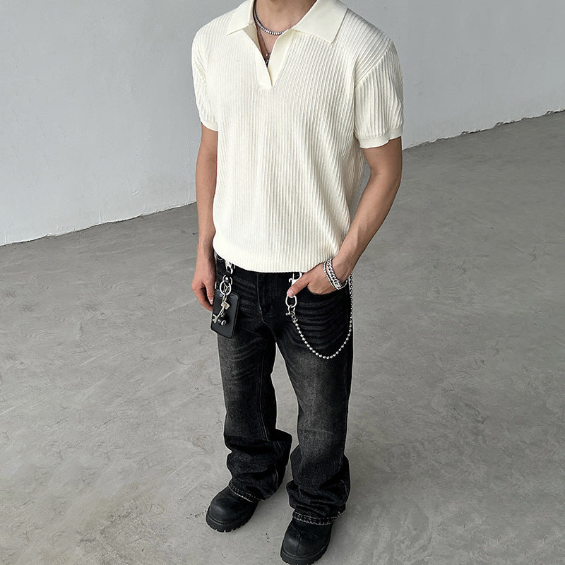 Striped texture lapel short sleeved men