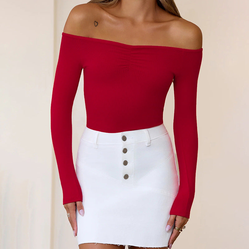 Women's Summer New Pure Color One-Shoulder Slim Casual T-Shirt Top