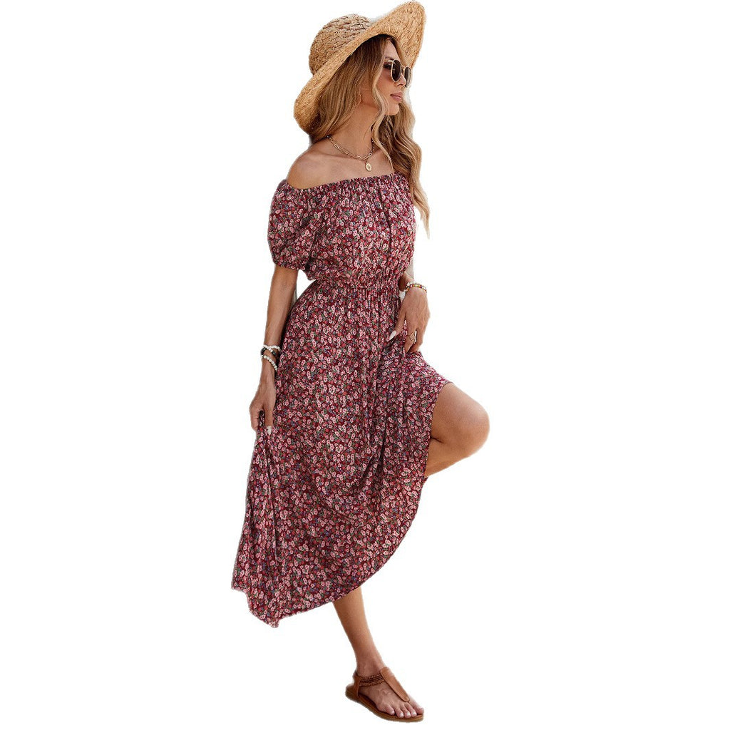 Spring Summer Women's Vacation Small Floral One-Shoulder Short Sleeve Dress Waist-Cinched Cotton Satin Rayon Mid-Length Dress