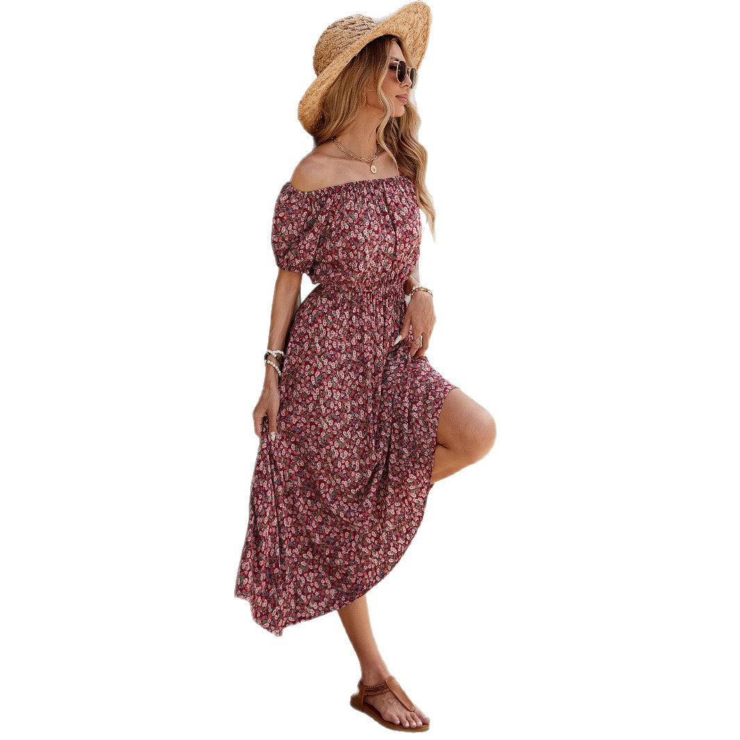 Spring Summer Women's Vacation Small Floral One-Shoulder Short Sleeve Dress Waist-Cinched Cotton Satin Rayon Mid-Length Dress