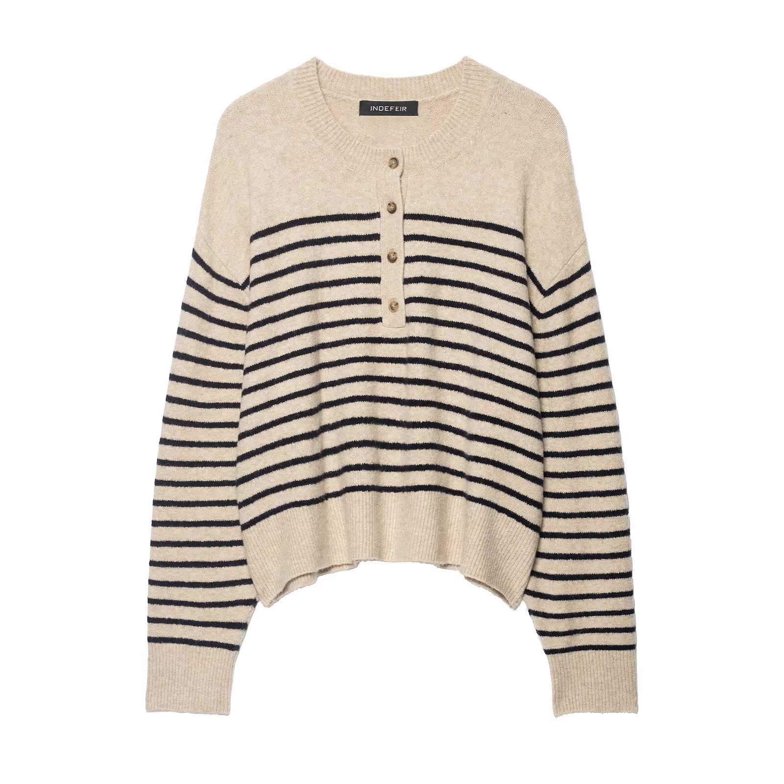 Versatile loose striped four button pullover knitted sweater for women