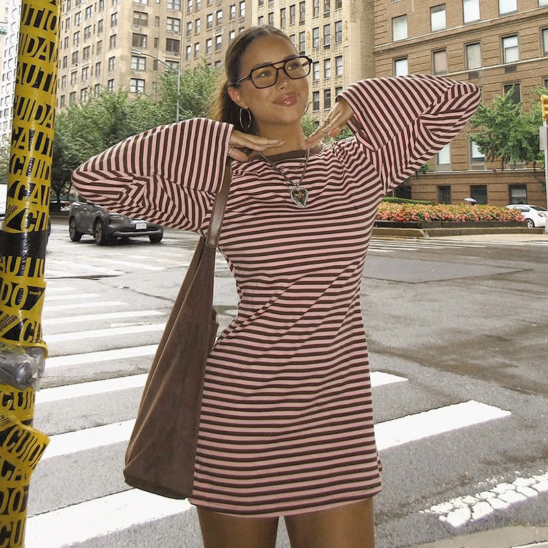 Women's Round Neck Striped Color-block Long Sleeve Loose Short A-line Dress