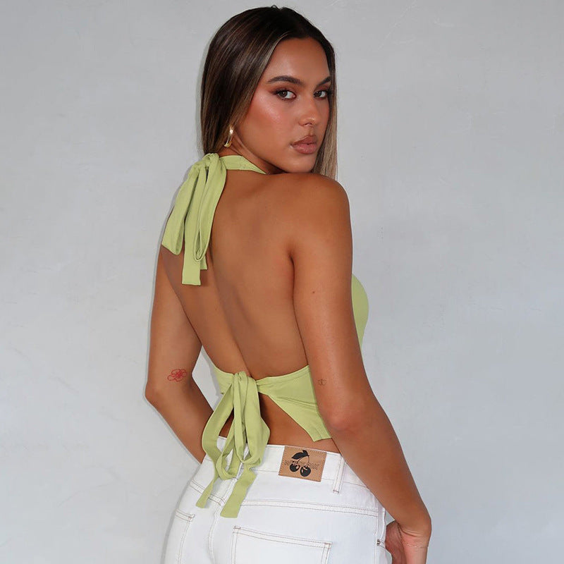 Women's Summer New Pure Color Halter Backless Waist-tied Sexy Tank Top