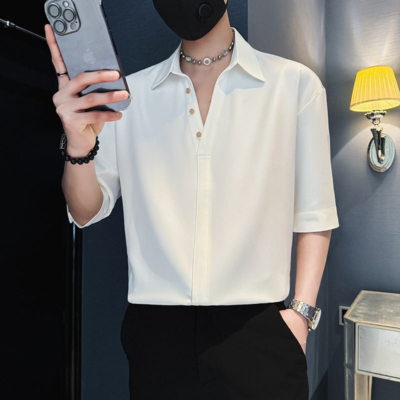 Men's short sleeved ice silk shirt mid sleeved top