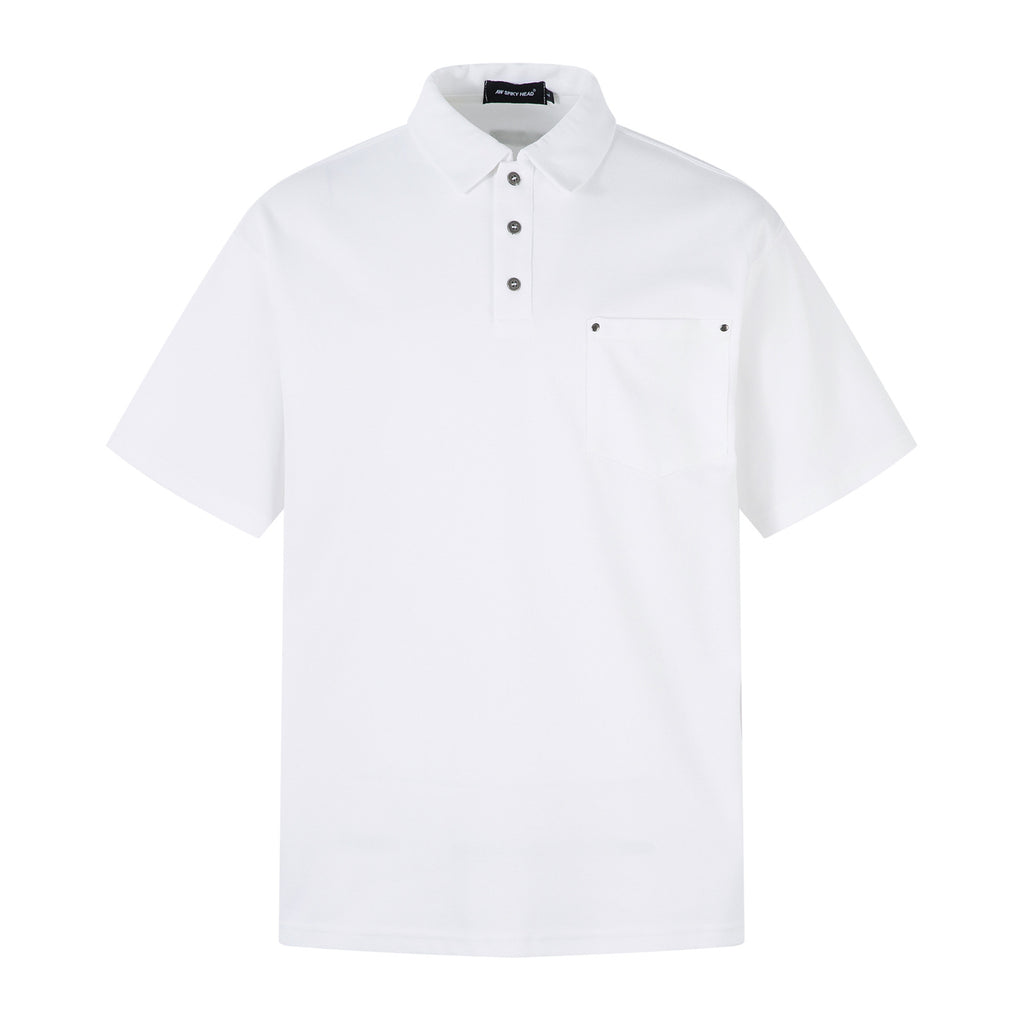 Simple Metal Decorated Turn-Down Collar Heavyweight Short Sleeve T-Shirt Men's Couple Casual Loose Fit