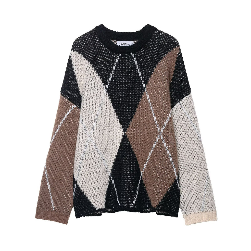 Round neck sleeveless diamond patterned knitted sweater for women