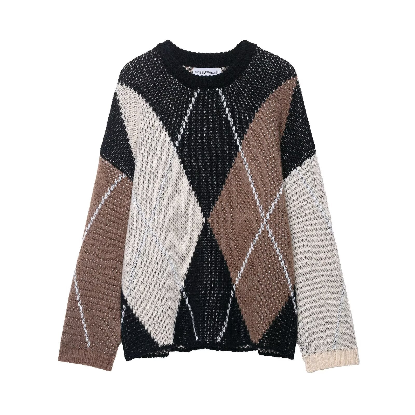 Round neck sleeveless diamond patterned knitted sweater for women