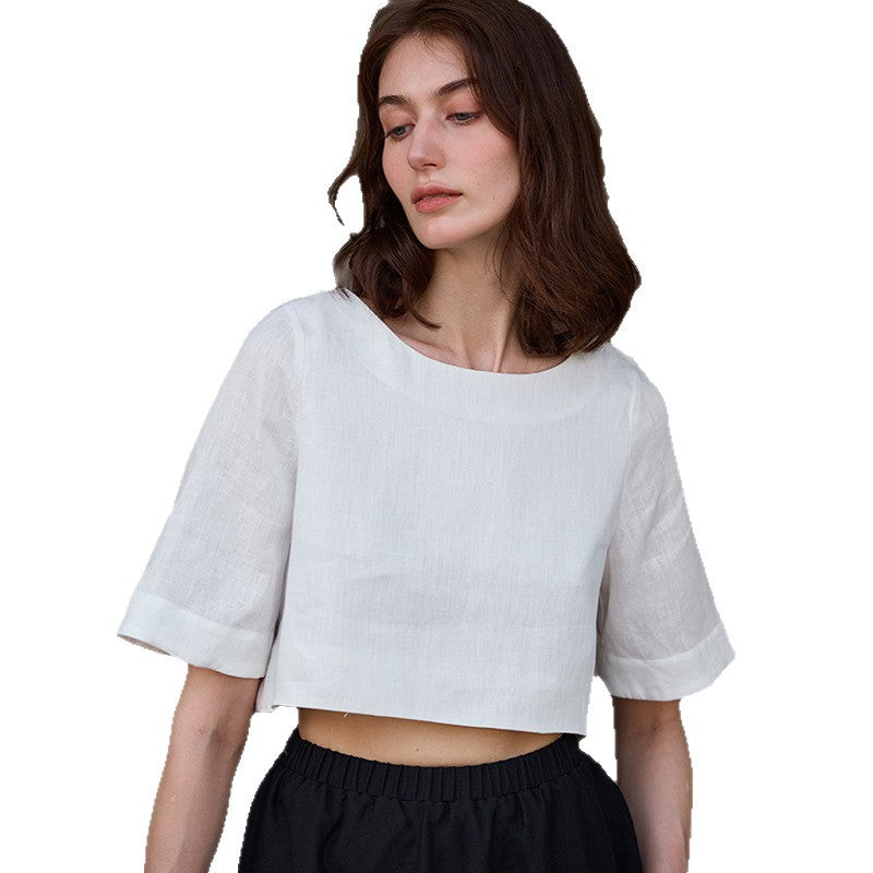 Short Linen Top Mid-Sleeve Women's Summer Round Neck Five-Quarter Sleeve Shirt Cool Casual Simple T-Shirt