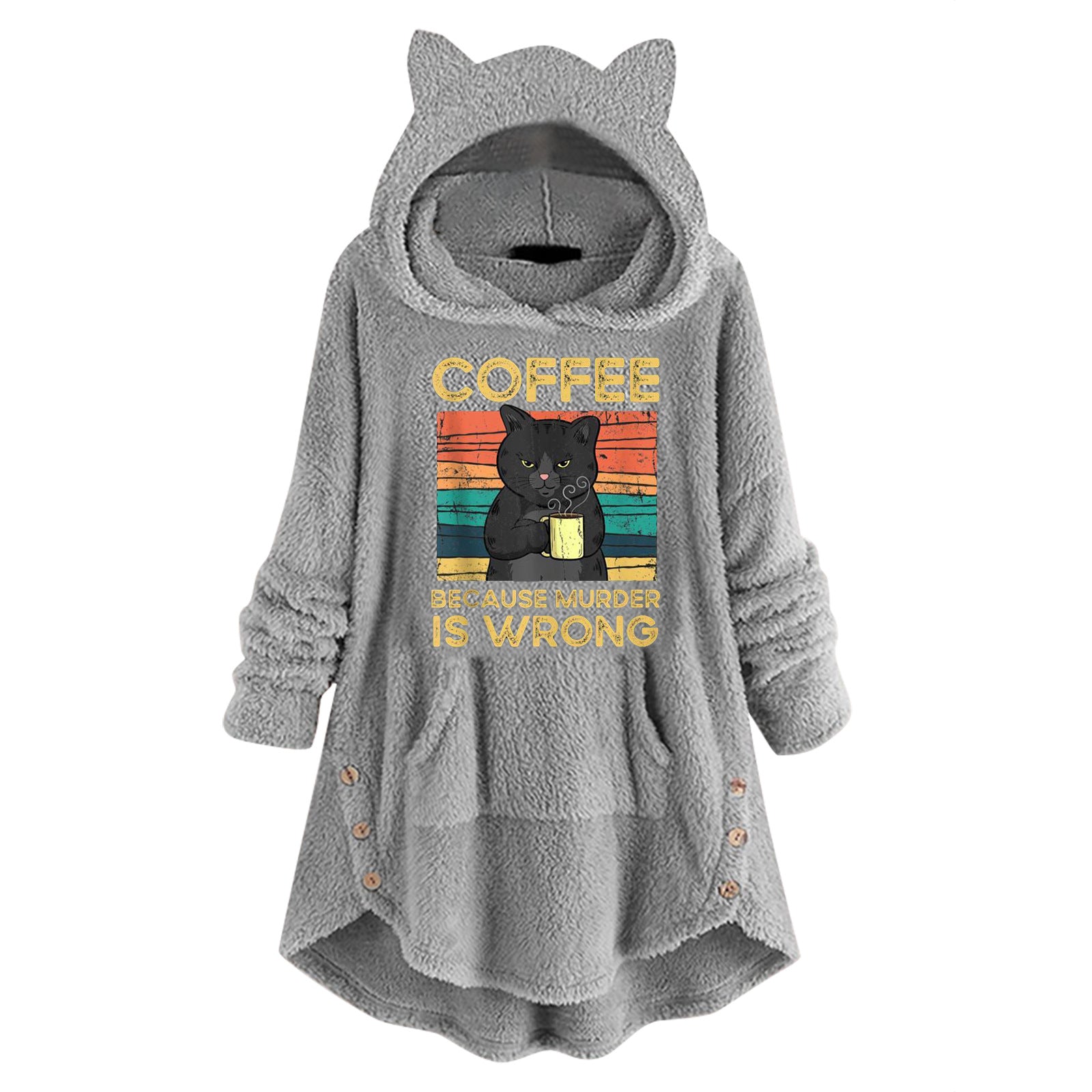 Fleece Hooded Long Sleeve Sweatshirt with Cat Ears and Print Pattern
