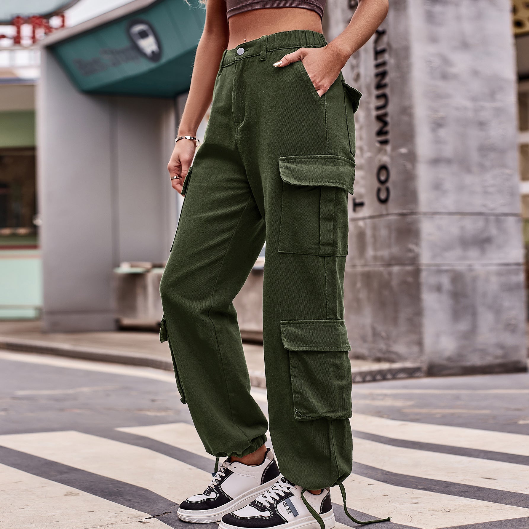 Women's Loose Drawstring Design Denim Work Pants Casual Sports