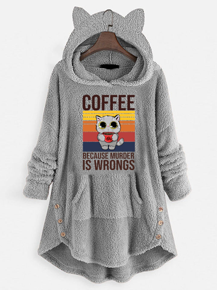 Fleece Hooded Long Sleeve Sweatshirt with Cat Ears and Print Pattern