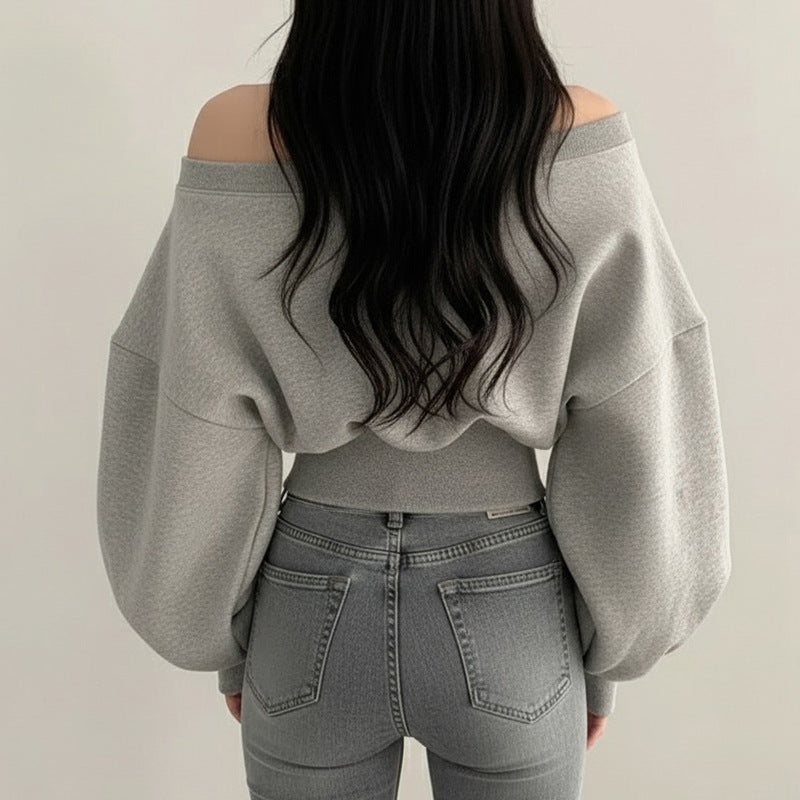 pure desire wind asymmetrical neckline off-shoulder fitted hoodie long sleeve casual top for women