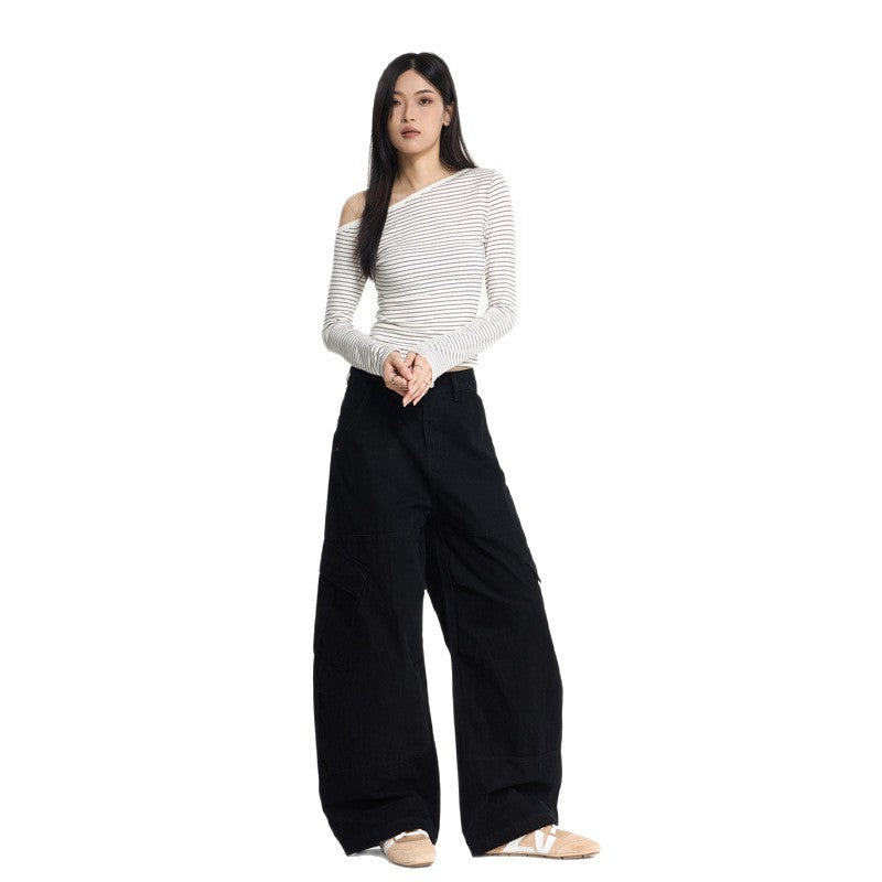 Streetwear Deconstructed Distressed Wide-Leg Cargo Pants for Women, Loose Floor-Length Casual Knife-Edge Trousers