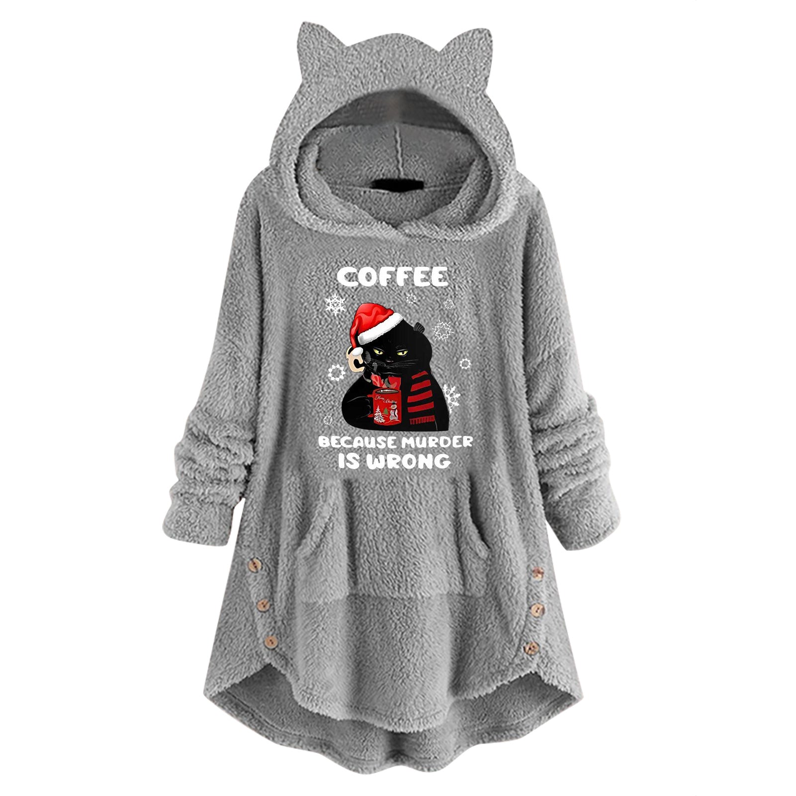 Fleece Hooded Long Sleeve Sweatshirt with Cat Ears and Print Pattern