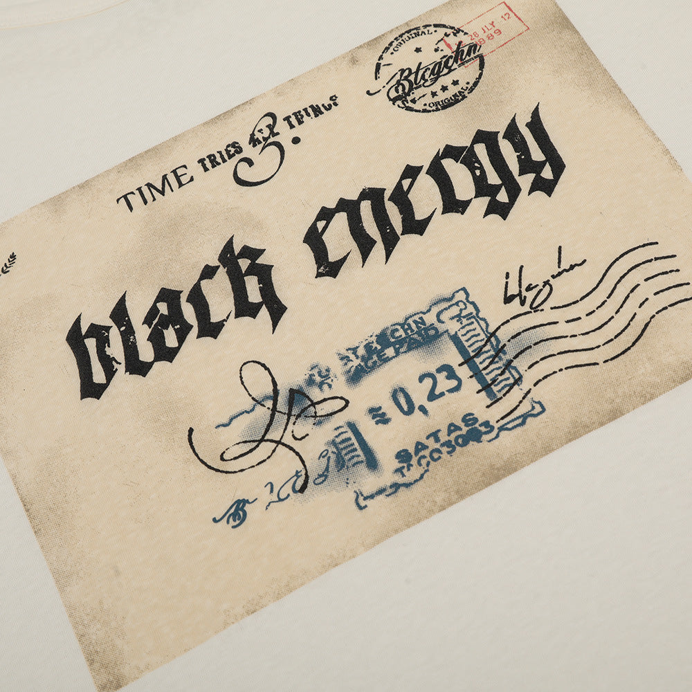 Vintage Postcard Print Short Sleeve T-Shirt Men's Summer Loose Street Casual Crew Neck Half Sleeve Top