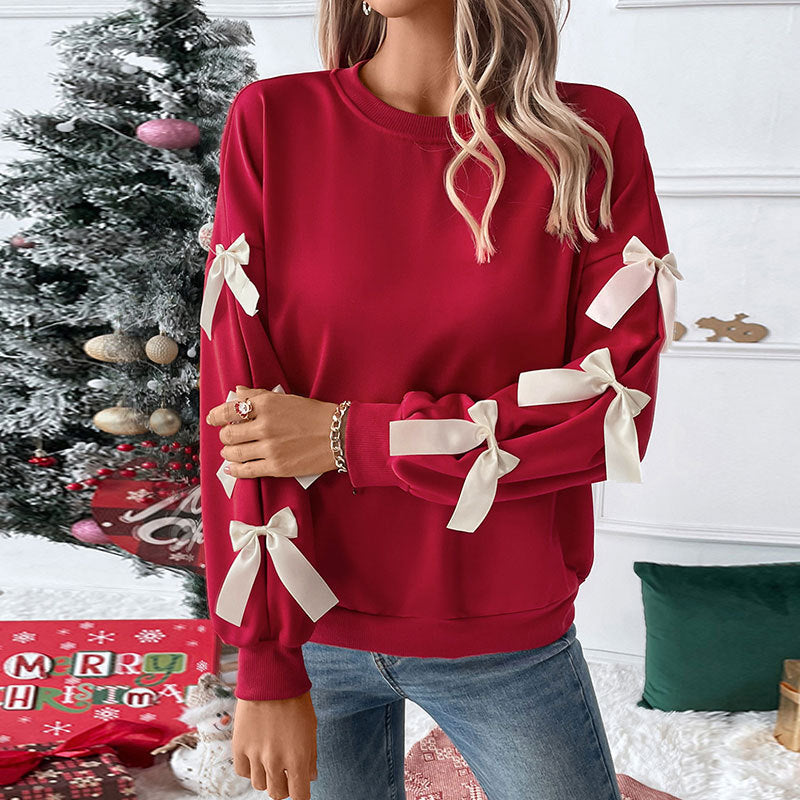 Round neck bow red Christmas hoodie for women