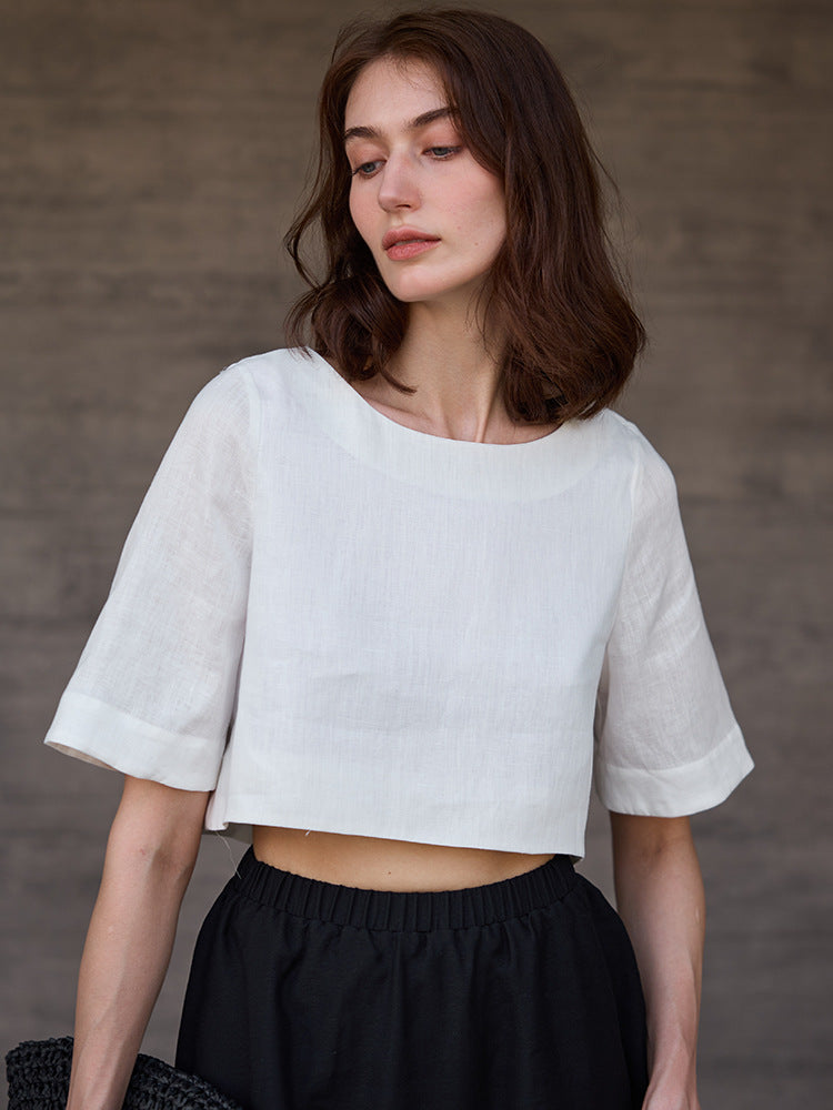 Short Linen Top Mid-Sleeve Women's Summer Round Neck Five-Quarter Sleeve Shirt Cool Casual Simple T-Shirt