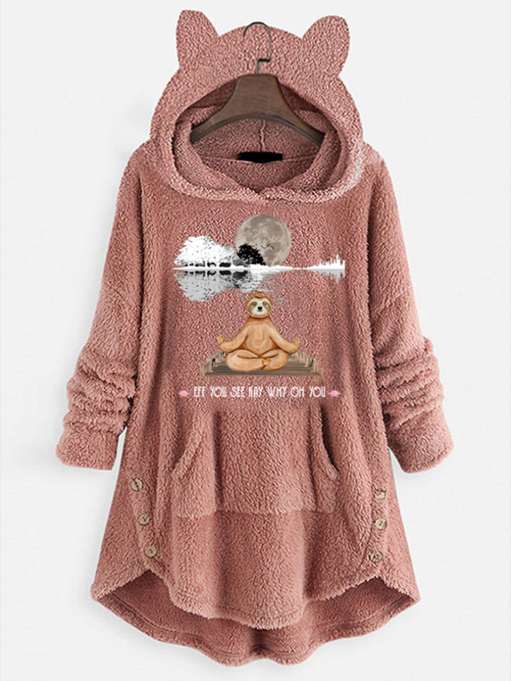 Fleece Hooded Long Sleeve Sweatshirt with Cat Ears and Print Pattern