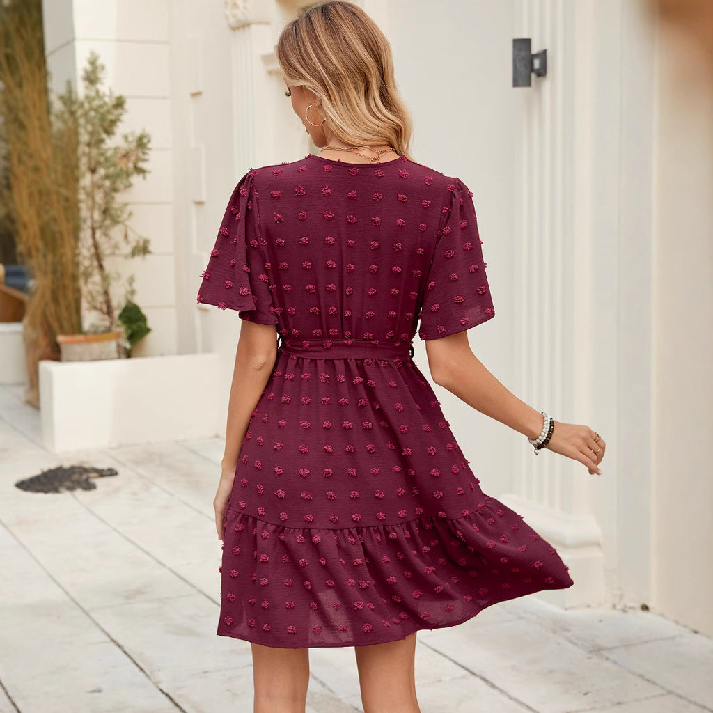Style Ball Fringe Ruffle Sleeve V-neck Waist-tied Dress Midi Dress