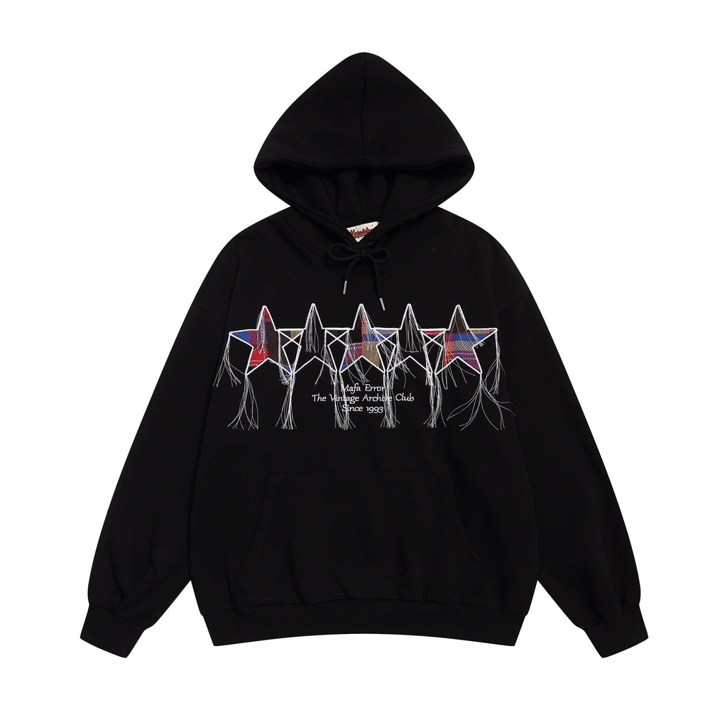 Vintage Star Embroidery Fringe Design Hoodie Unisex Casual Loose Fit Sweatshirt